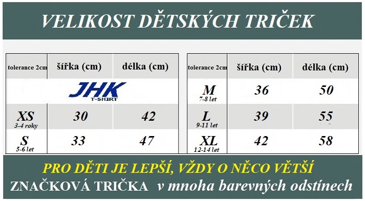 JHK velikost dětských tricek